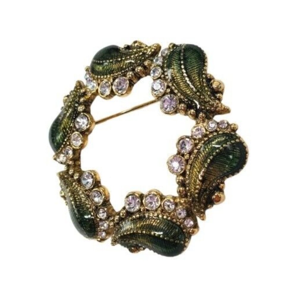 Vintage Monet Green Wreath Brooch Rhinestone Enamel Paisley Circle Gold Tone - Picture 4 of 9
